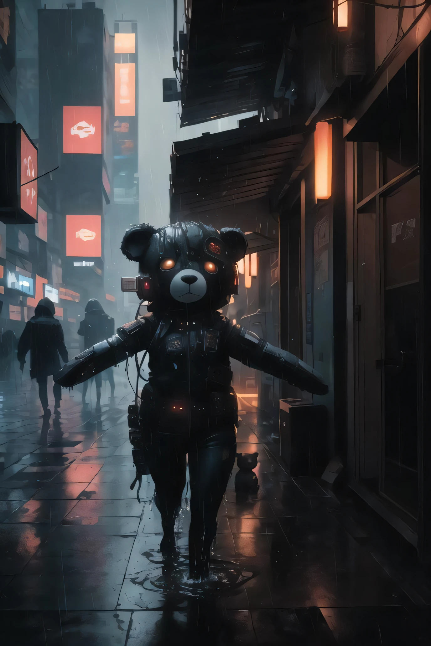 Plüschteddy, wet, (cyberpunk:1.1), Regen, realistisch, Rutkowski, HDR, komplizierte Details, hyperdetailliert, filmisch, Felgenlicht, Gedeckte Farben