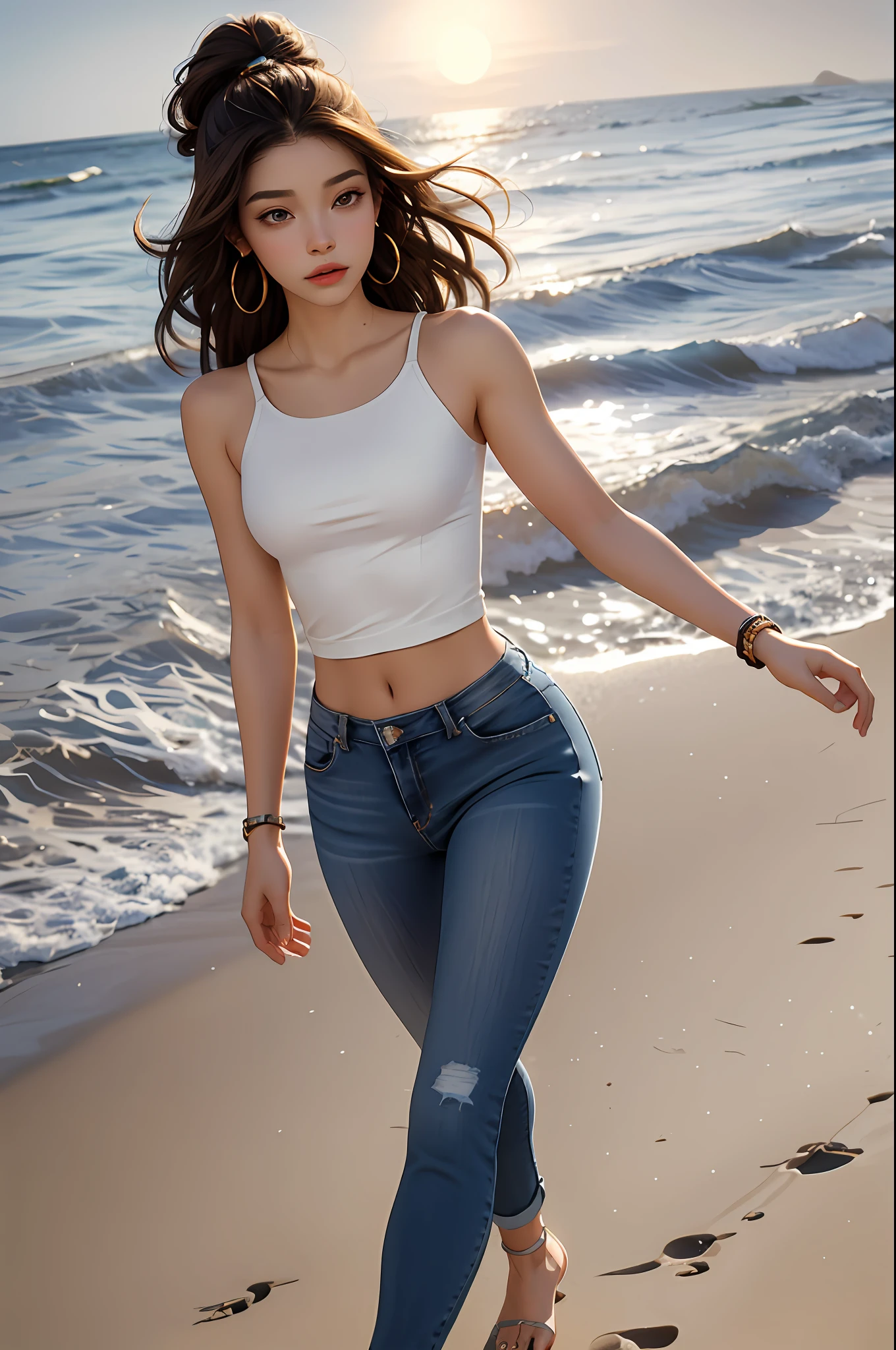 Girl, brunette, light, thin, medium breasts, medium butt, muscular belly, navel out, tight jeans, jeans modeling your body, red top, small eyes, thin eyebrows, round nose, small mouth, thin lips, brown eyes, detailed toast, turned legs, rastafari hair, hair fulfilled, earrings, walking on the beach, at night