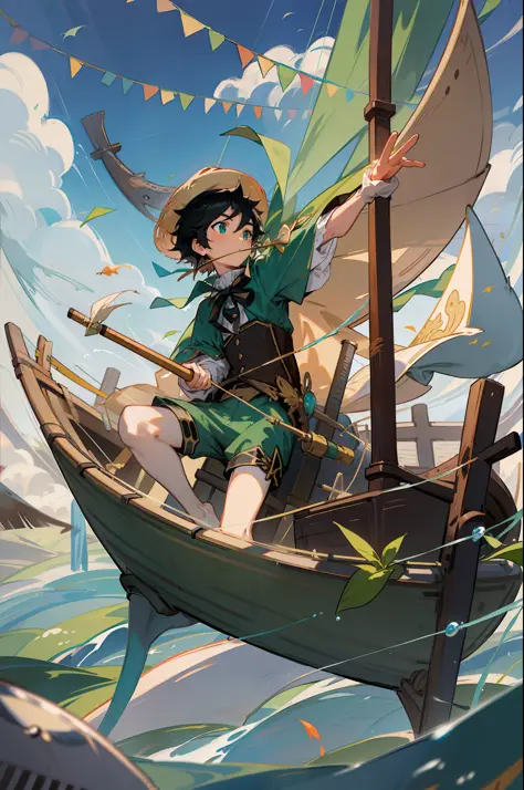 the black-haired male pupil, a little boy, short-sleeved shorts, wearing a long cape, a straw hat with two streamers and countle...