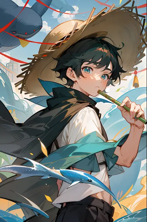 the black-haired male pupil, a little boy, short-sleeved shorts, wearing a long cape, a straw hat with two streamers and countle...