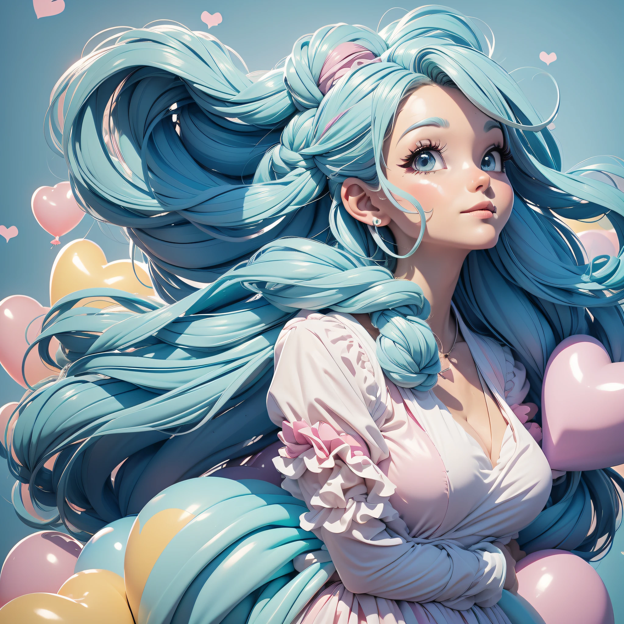 In this simple illustration, a woman holds a colorful heart-shaped balloon. Her hair is stuck in a messy bun as she looks up in awe. The background is filled with a pastel shade of light blue, evoking a sense of lightness and happiness.