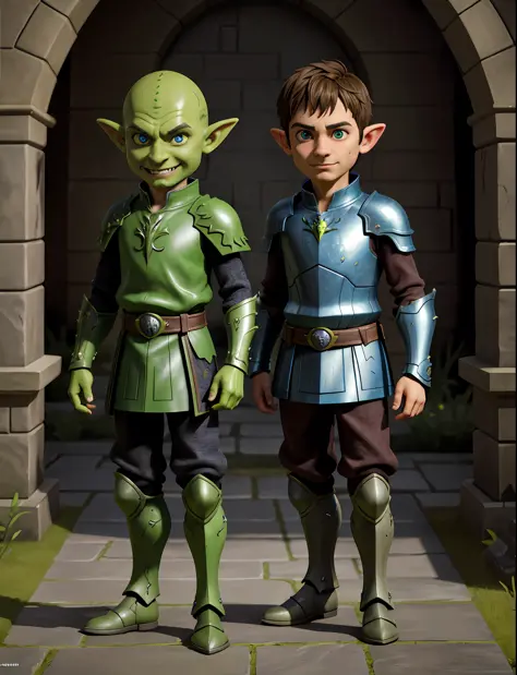 2boys evil green goblins intricate armor dark damp stone dungeon f22 (masterpiece:1.2) (photorealistic:1.2) (best quality) (deta...