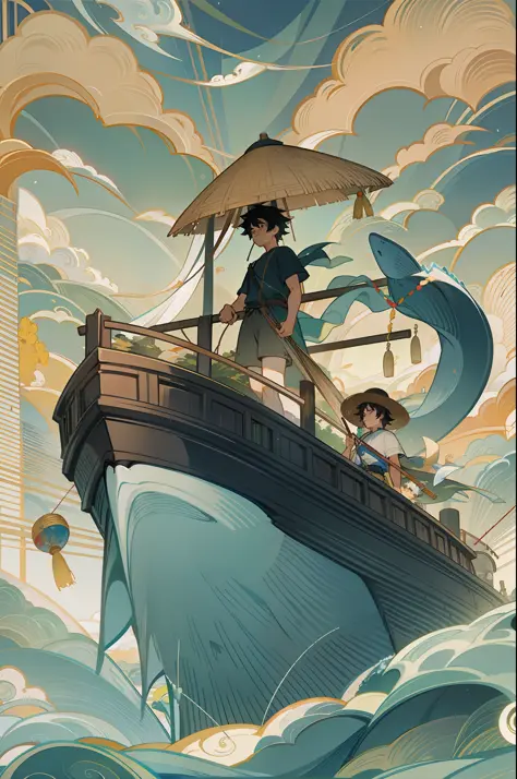 the black-haired male pupil, a little boy, short-sleeved shorts, wearing a long cape, a straw hat with two streamers and countle...