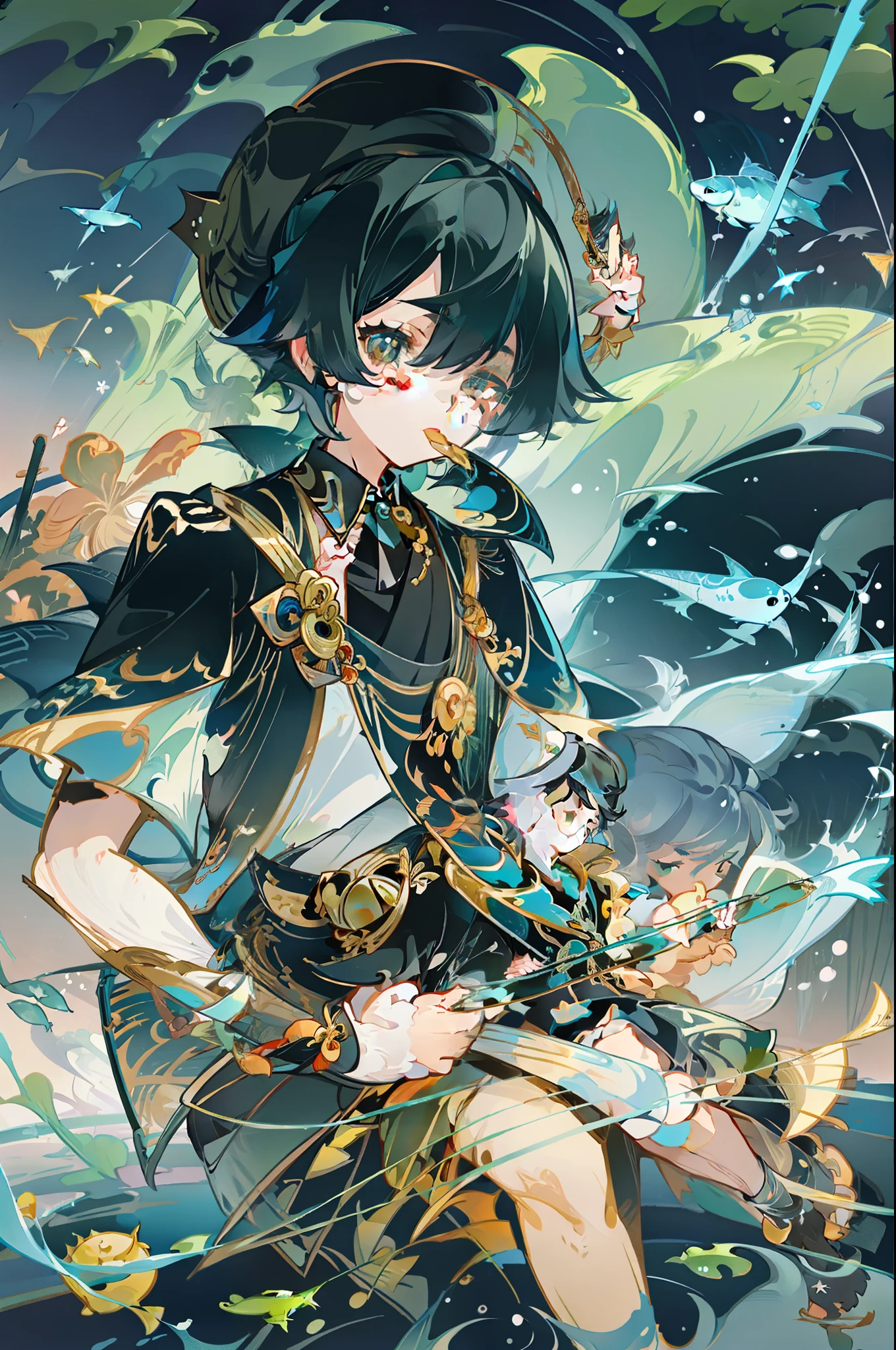 Black-haired male pupils, little boy, short-sleeved shorts, wearing a long cape, a straw hat with two streamers and countless wind chimes, playing a green flute sitting on the back of a huge whale composed of water, leading more fish behind him, the picture is beautiful and the picture is dreamy