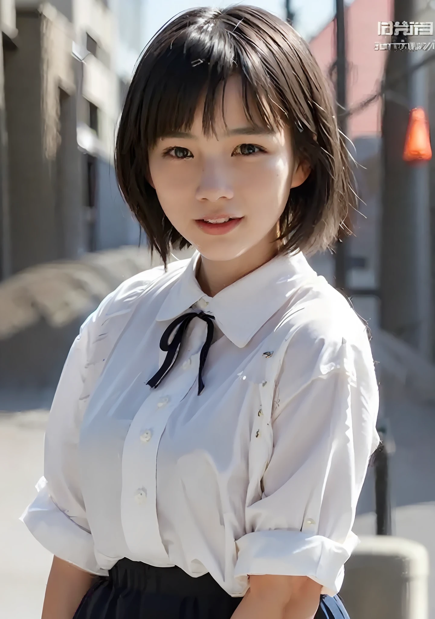 Masterpiece, top quality, official art, highly detailed CG Unity 8K wallpaper, like a schoolgirl, very delicate and beautiful, ultra high resolution, (photorealistic: 1.4), golden hour lighting, (upper body), (platinum shorthair: 0.8), (puffy eyes), looking at the viewer, facing the front, smiling, JK skirt, white dress, Shirt Lift Long Black Hair