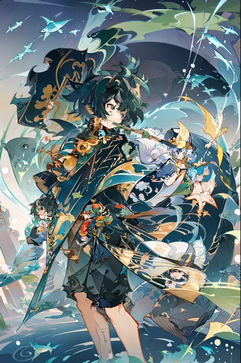 The black-haired male pupil, Shota, short-sleeved shorts, wearing a long cape, a straw hat with two streamers and countless wind chimes, blowing a green flute sitting on the back of a huge whale composed of water, leading more fish behind him, the picture ...