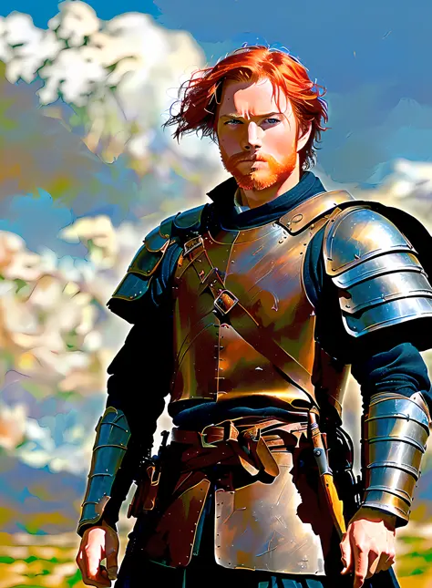 modelshoot style, (extremely detailed cg 8k wallpaper), full body photo of a red-haired blue-eyed warrior of the most beautiful ...