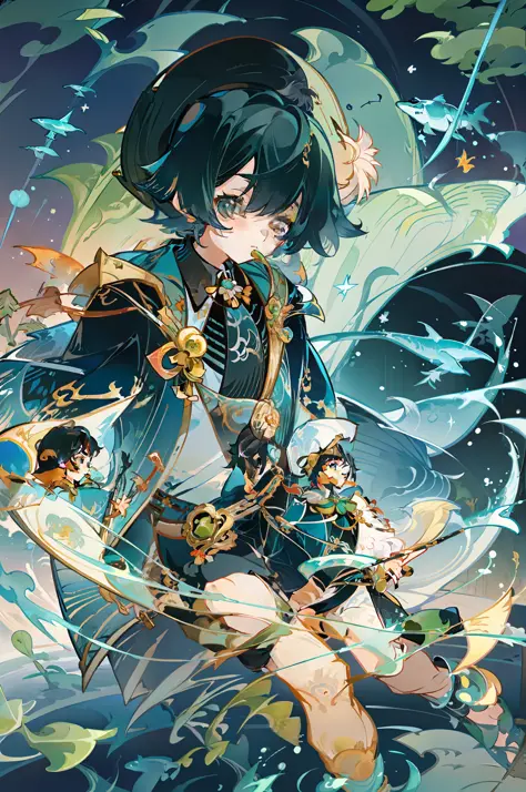 Black-haired male pupils, little boy, short-sleeved shorts, wearing a long cape, a straw hat with two streamers and countless wind chimes, playing a green flute sitting on the back of a huge whale composed of water, leading more fish behind him, the pictur...