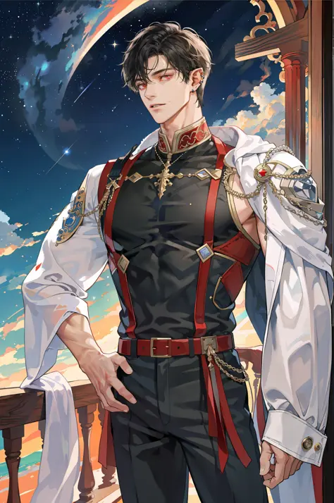 (absurd, ultra-detailed, high quality, masterpiece), 1 man, solo, adult, mature, handsome, tall muscular guy, broad shoulders, black hair, red eyes, elf, ear piercing, HD, delicate colors, starry sky