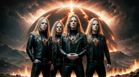 three boys in leather clothes standing in front of a big explosion style portrait,infernal , lightning, heavy metal band promo, ...