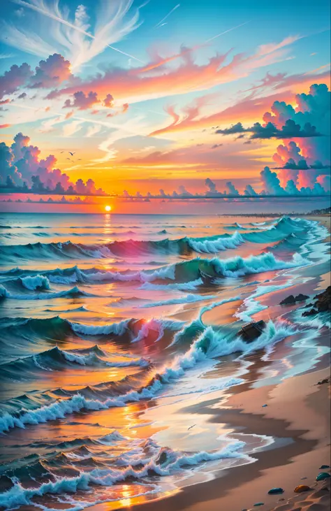 An absolutely mesmerizing sunset over the beach, with a mix of oranges, pinks and yellows filling the sky. The crystal clear waters of the sea violently beat the coast, with a black sand beach stretching everywhere. The scene is dynamic and breathtaking, w...