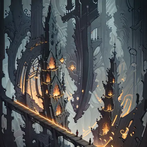 a magnificent structure, towering over a deep abyss full of secrets and dangers. its wooden planks creaked softly in the wind, e...