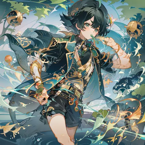 The black-haired male pupil, a little boy, short-sleeved shorts, wearing a long cape, a straw hat with two streamers and countless wind chimes, and a green flute sits on the back of a huge whale made of water, leading more fish behind him