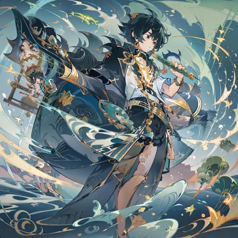 The black-haired male pupil, a little boy, short-sleeved shorts, wearing a long cape, a straw hat with two streamers and countless wind chimes, and a green flute sits on the back of a huge whale made of water, leading more fish behind him