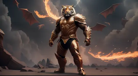 The description is of a muscular pink man with a tiger head, image of the man in 3d, portrayed hyper-realistically in a full-body image. He is wearing an imposing red dragon armor. The surrounding scenery is war, creating an intense and dramatic atmosphere...
