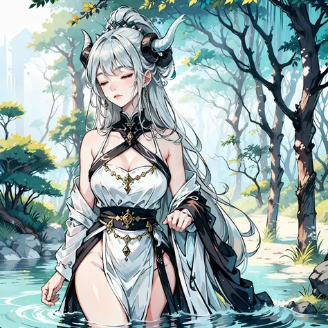 woman, eyes closed, beautiful, horned, silver-haired, long-haired, sacred, mysterious, walking on water, in the forest, alone,
