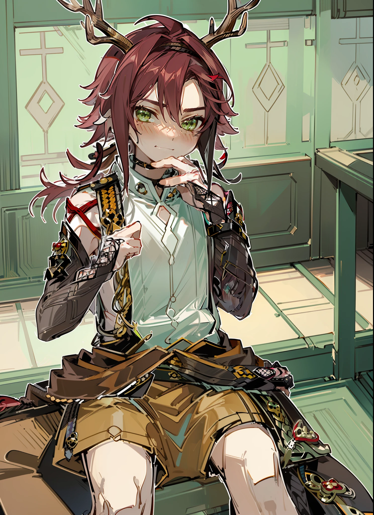 ((highest quality, masterpiece, 4k, finely detailed, detailed eyes, detailed face, intricate details, pixiv, gelbooru)), ((solo)), male focus, 1boy, Shikanoin_Heizou (Genshin_Impact), dark red hair, bright green eyes, slender feminine frame, male, (((sitting on floor, submissive pose))), (((submissive expression, looking at viewer, blushing deeply))), (((antlers, red deer ears coming out of head)