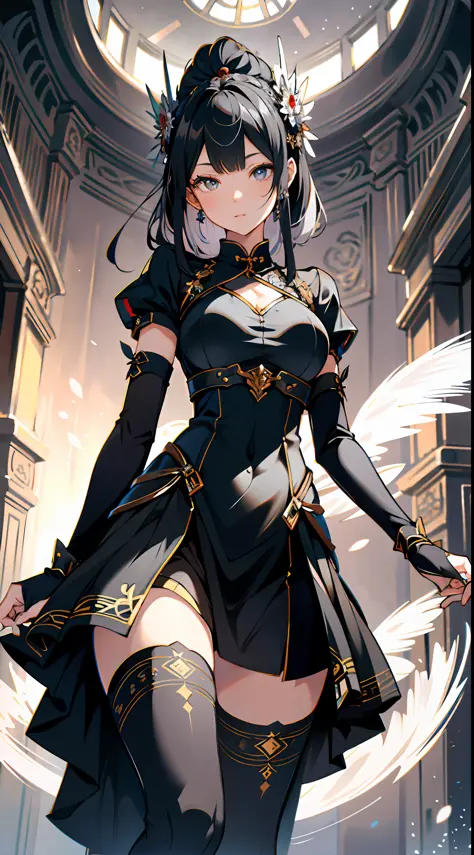 absurd res, high res, (masterpiece:1.4), ultra-detailed, 1girl, from bottom, from below, space, floating, Chinese dress, black dress, stockings, platinum hair, cooper eyes, extremely detailed eyes, sharp eyes, lustful eyes, lust expression,ahg