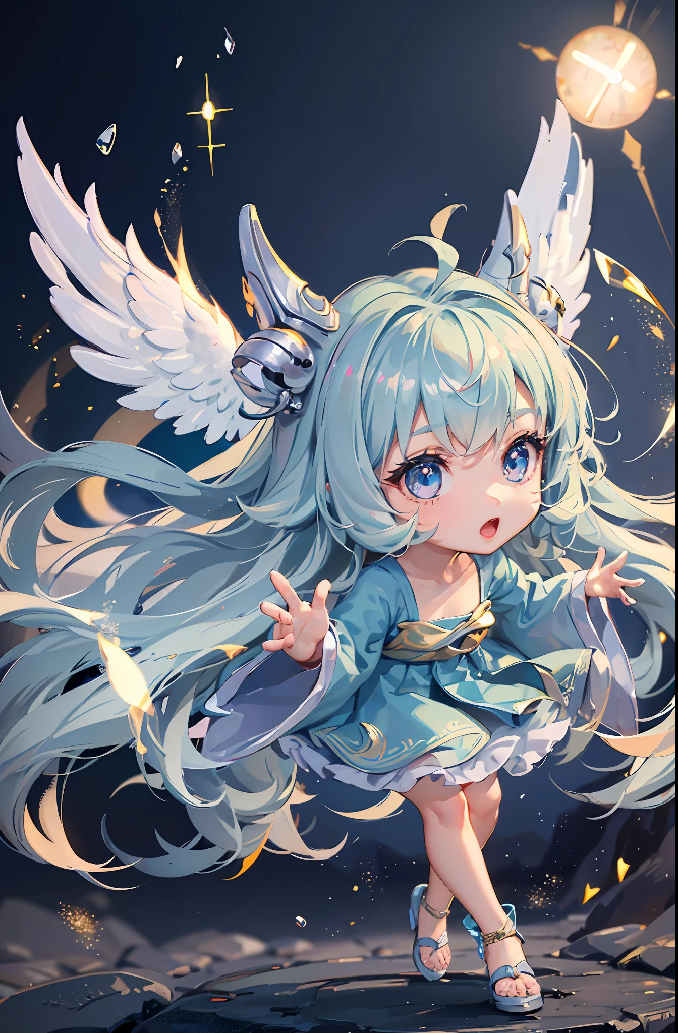 (Chibi: 1.3), (Masterpiece: 1.4), (Best Quality: 1.4), (Very cute angel girl, super detailed face, jewel-like eyes, white very long hair, colorful gradient hair: 1.4), (Angel Ring:
1.4), (Angel Wings: 1.4), (Full body, perfect 2 arms, perfect 2 legs: 1.4), (Perfect 4 fingers: 1 thumb), light, shine, bokeh, super fine