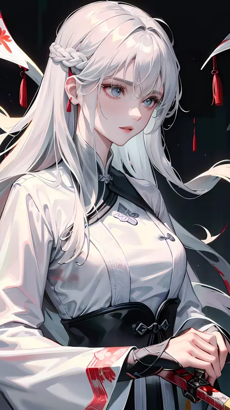 Masterpiece, Superb Class, Night, Outdoor, Rainy Day, Branches, Chinese Style, Ancient China, 1 Woman, Mature Woman, Silver-White Long-Haired Woman, Gray-Blue Eyes, Pale Pink Lips, Indifference, Seriousness, Bangs, Assassin, Sword, White Clothes, Blood, Bl...