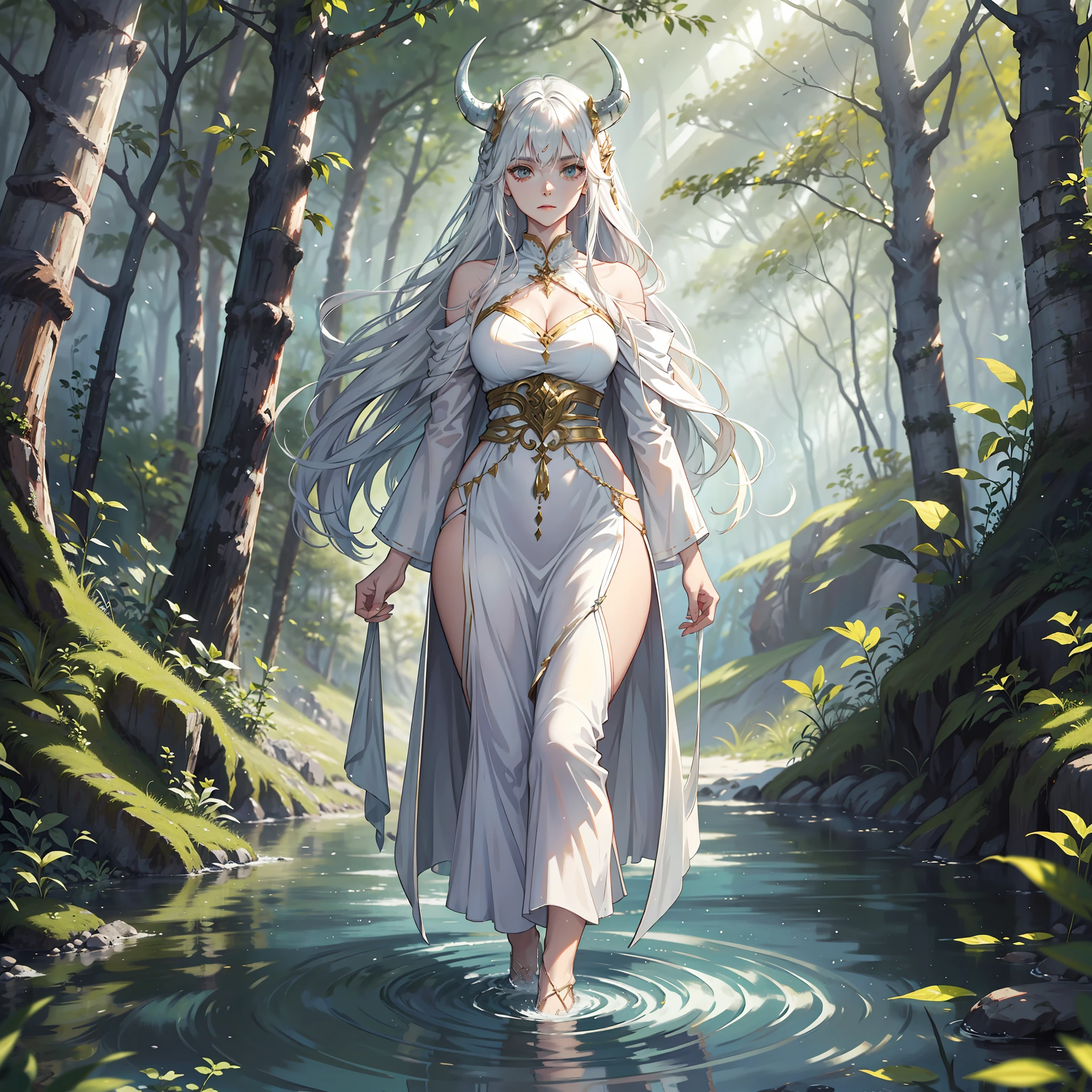 woman, beautiful, horned, silver-haired, long-haired, sacred, mysterious, walking on water, in the forest, alone,