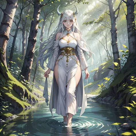 woman, beautiful, horned, silver-haired, long-haired, sacred, mysterious, walking on water, in the forest, alone,