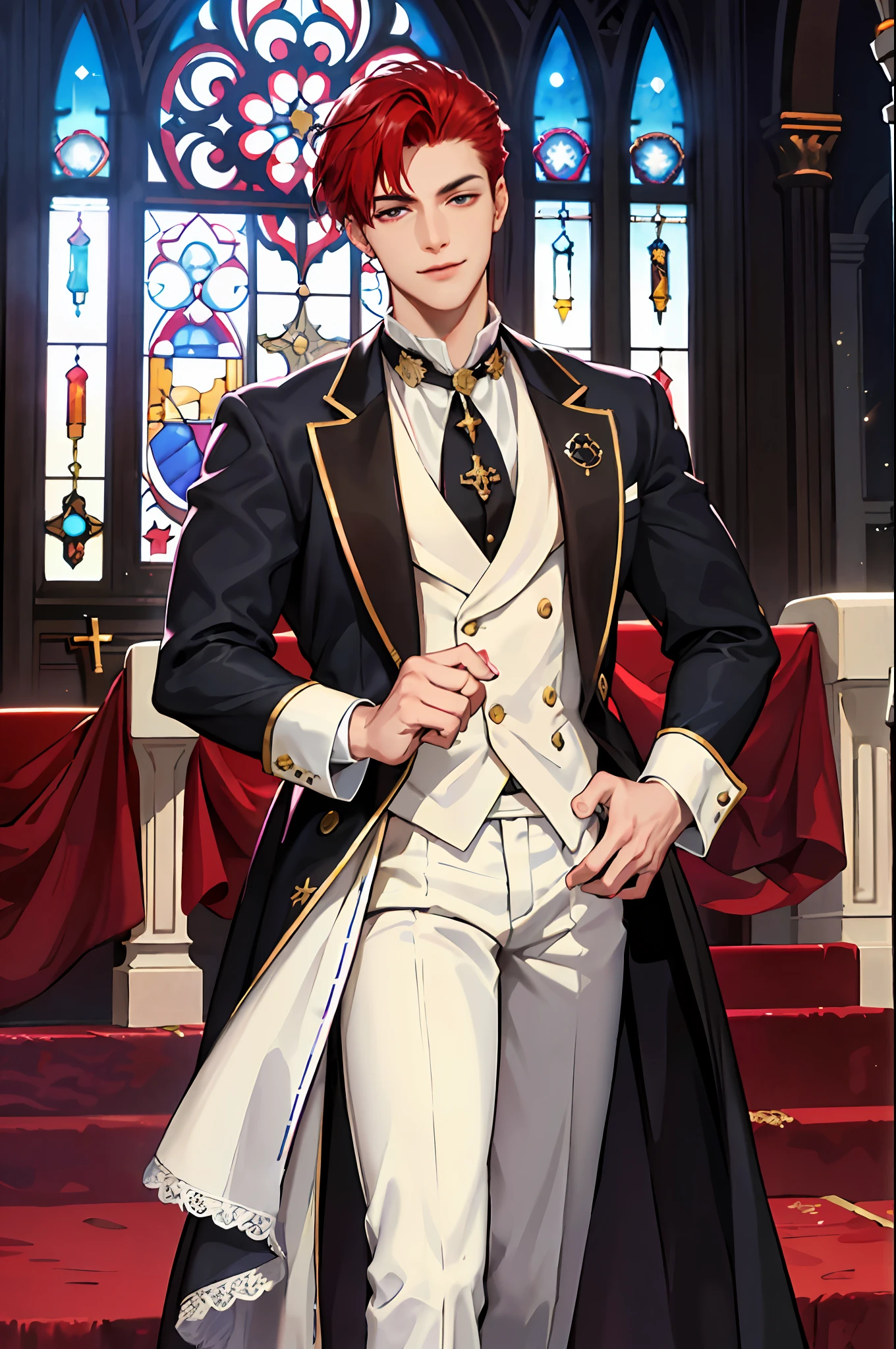 This is what a real duke looks like! Duke's antique clothes, elegant, gentlemanly. He is smiling friendly, his red hair is vivid, his red eyes shine against his perfect skin. In the background a purple church window, with moonlight reflecting behind. All this is in a beautiful and dark light, which makes it look amazing。 (High quality: 1.2, Church at night: 1.5, Duke clothes antique: 1.4) at night, provocative light, mysterious darkness