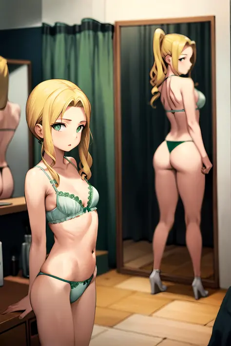 Portrait of a 15-year-old girl with blonde hair and green eyes medium breasts in transparent bra, flat belly big ass in thong panties showing her ass in the mirror