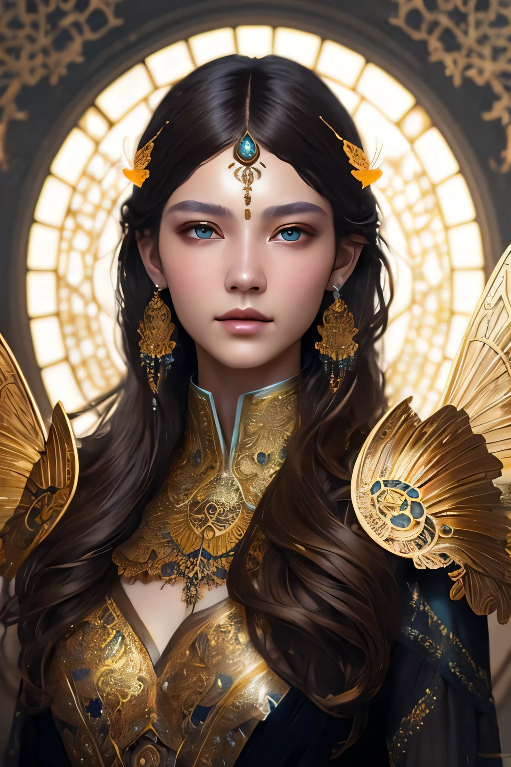 8k portrait of beautiful cyborg with brown hair, intricate, elegant, highly detailed, majestic, digital photography, art by artgerm and ruan jia and greg rutkowski surreal painting gold butterfly filigree, broken glass, (masterpiece, sidelighting, finely detailed beautiful eyes: 1.2), hdr