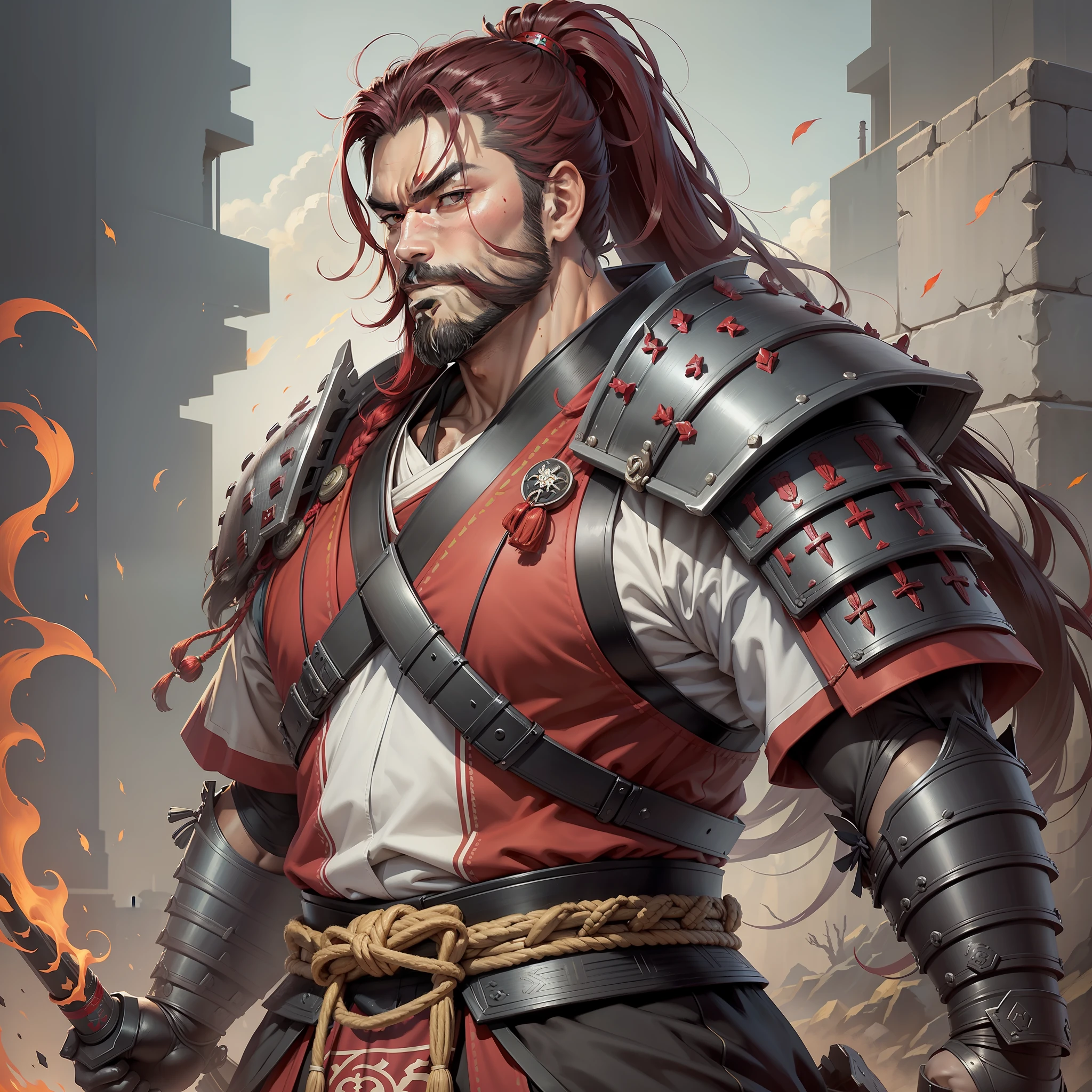 large, 39 year old samurai, man, with a strong body, sharp eyebrows and a somewhat middle aged marked face, he wears shogun armor without the helmet. the color of this armor is red, he holds a two-handed Nodaichi, with the color crimson, he has a somewhat large beard, he has long ponytail hair down to his back, UHD, 16k, high quality, super detail, high details