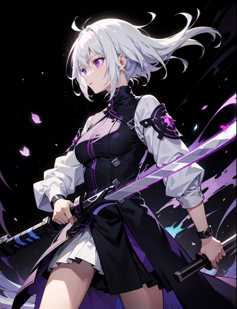 colorful, 1girl, white hair, purple eyes, dual wielding, sword, holding sword, blue flames, glow, glowing weapon, light particle...