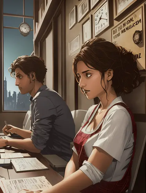 There are two people sitting at a table with a laptop, realistic art style, stylized urban fantasy art, marvel art style, detailed game art illustration, digital anime illustration, game illustration, Martin Ansin art portrait, promotional art, beautiful d...