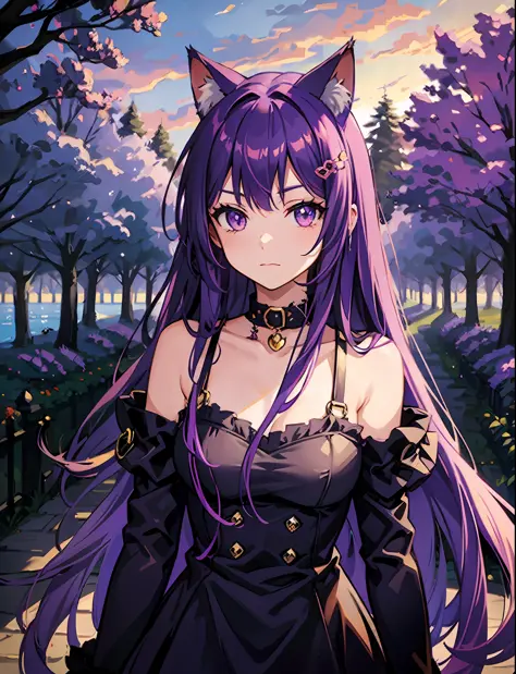 Cheshire Cat, metallic chocker, long hair, medium hair, purple hair, animal ears, cat ears original, 1girl, (solo), scenery, scene, red trees, forest, lake, autumn,