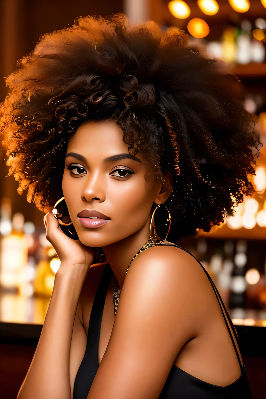 portrait photo of TinaKunakey, huge afro, beautiful woman hair updo upsweep nightclub sitting at bar (masterpiece) (best quality) (detailed) (8k) (HDR) (wallpaper) (cinematic lighting) (sharp focus) (intricate)