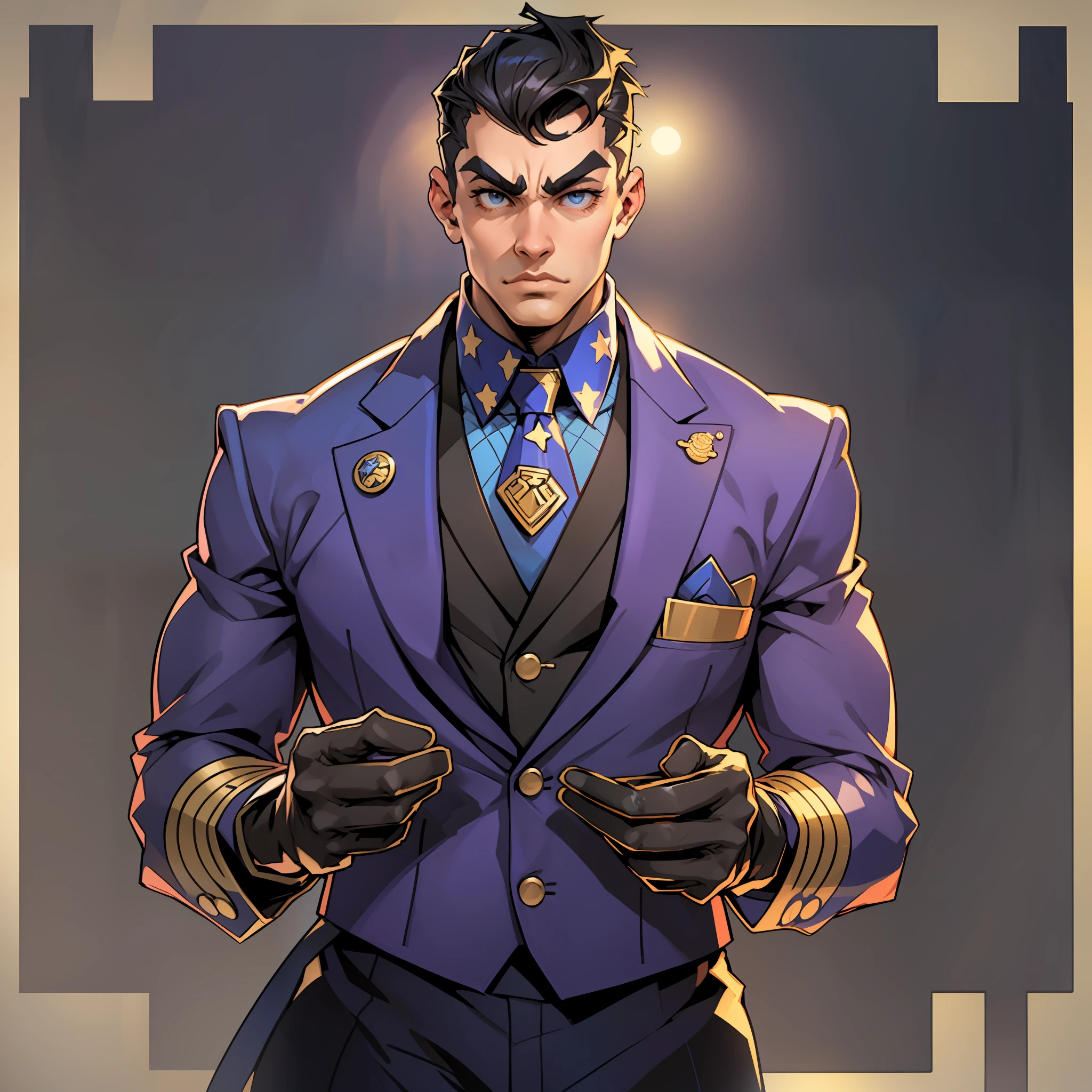 (an American man:1.2),(a stylish suit),(wearing gloves on his hands),(a peculiar face:0.7,a prominent nose, thick eyebrows),peculiar art from Jojo's Bizarre Adventure. --auto --s2