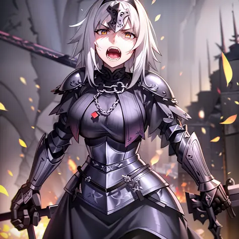 Jeanne D'arc Alter, Fate, Jeanne D'arc Alter with a black sword in her hand raised upwards on a battlefield, 8k, japanese anime ...
