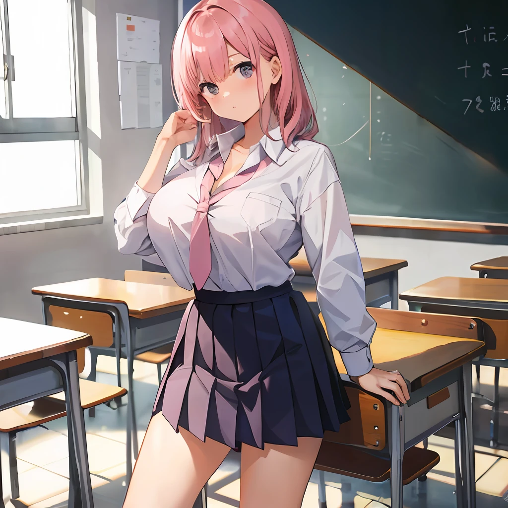 masterpiece, best quality, finely detailed, 1woman, pink_rose hair, pleated skirt, (school uniform), huge breasts, cleavage, classroom,