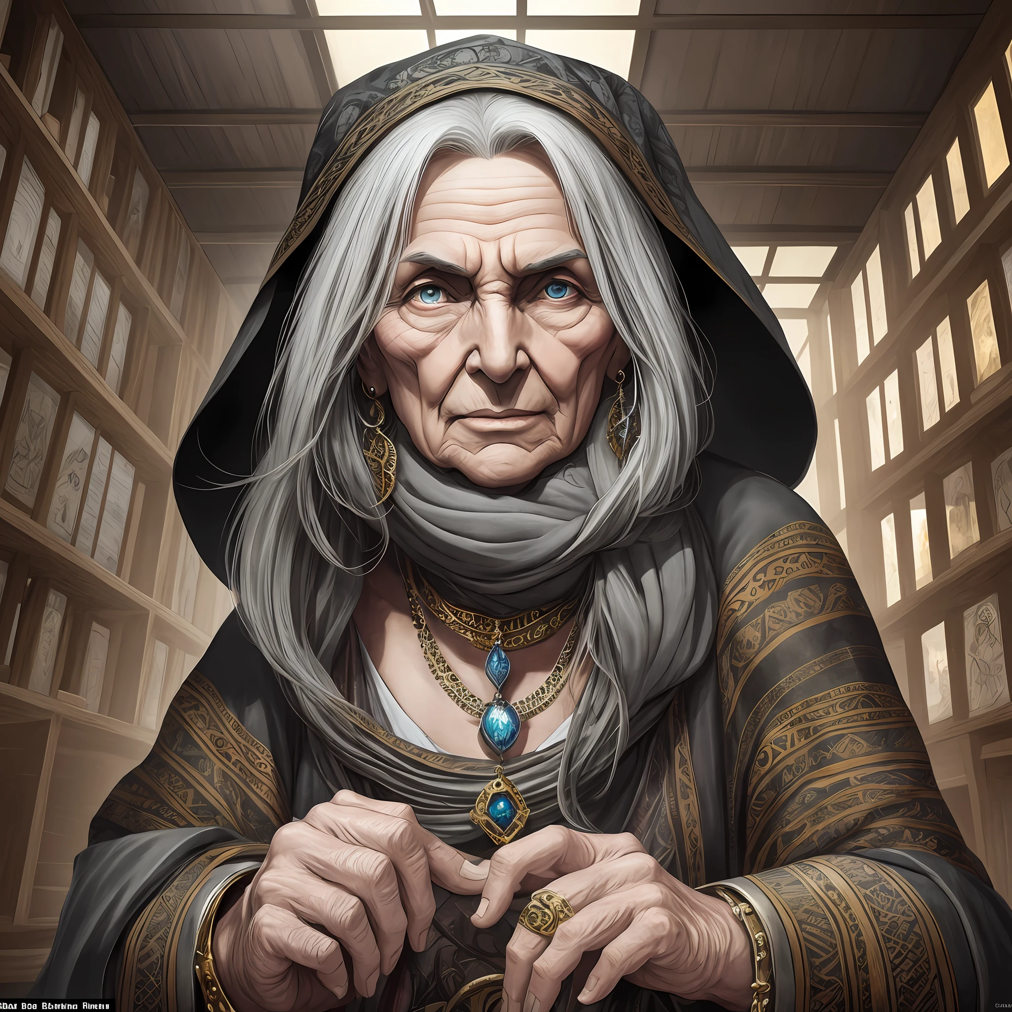 Computer graphics, Akaarel, Damon Hellenbrand, drawing, ultradetalized portrait, realistic fantasy, cgsociety, neal adams, witch, Baba Yaga is usually depicted as a large hunchbacked old woman with gray eyes, a large, long, hunchbacked and hooked nose, a powerful hairy chin, Sometimes they say about her "nose has grown into the ceiling." Her bony leg is also often mentioned. But what this means is not entirely clear, but it may indicate her connection to the underworld. In the popular print, she is dressed in an old gray plate, an old scarf, bast shoes and trousers are wrapped around her head, there is no emphasis on Baba Yaga's clothes, 5 fingers, accurate anatomy of hands, conjures,