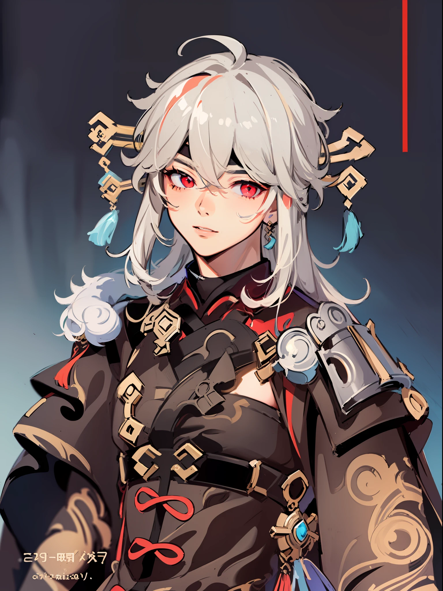 ((highest quality, masterpiece, 4k, finely detailed, detailed eyes, detailed face, intricate details, pixiv, gelbooru)), ((solo)), male focus, 1boy, Genshin Impact, silver hair, dark red eyes, strong frame, male