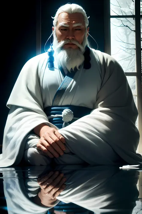 arafed man in a white robe sitting on a table with a blue ribbon, taoist priest, taoist master, white daoist robes, onmyoji port...