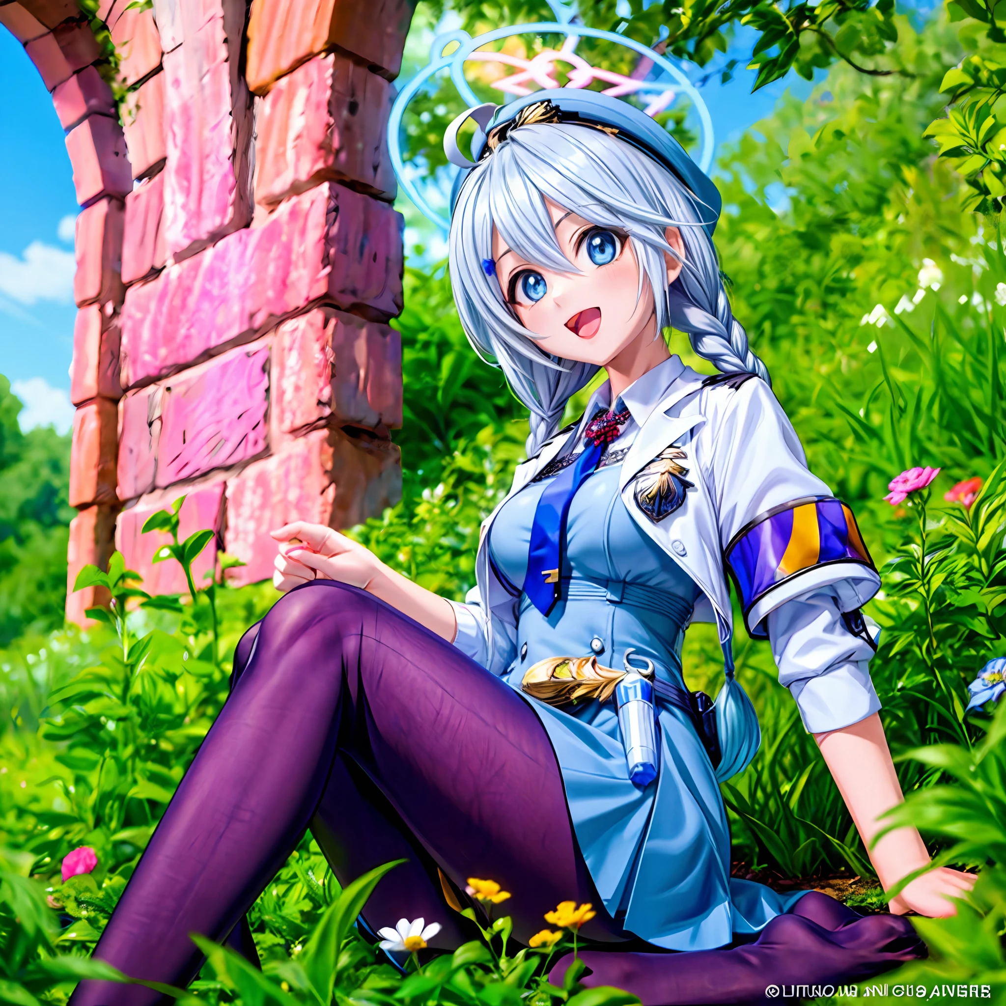 (1girls:1.3), sitting in a field of green plants and flowers, her hand under her chin, wide angle, harem anime official art, perspective, looking ahead, blue eyes, small breasts, ahoge, hair ornament, twin braids, necktie, halo, bangs, hair between eyes, blue eyes, shirt, skirt, smile, white police uniform, open mouth, hat, blue shirt, (white jacket:1.1), belt pouch, silver hair, black pantyhose, cute beautiful eyes detailed pupils cute, circle white pupil cute, 35mm f1.4, iso100, raw, high quality, subtle ambient glow, raytracing, global illumination, ultimate quallity