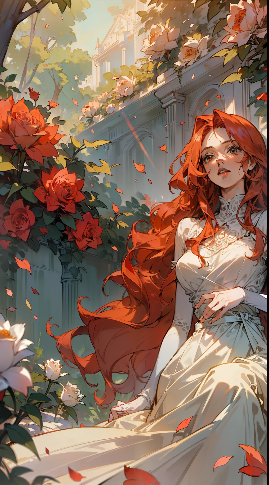 (masterpiece: 1.2, realistic: 1.37, ultra high resolution), female model, light skin, long red wavy hair, white dress, in a sunlit garden, with rose petals everywhere, high contrast, dynamic, soft focus.