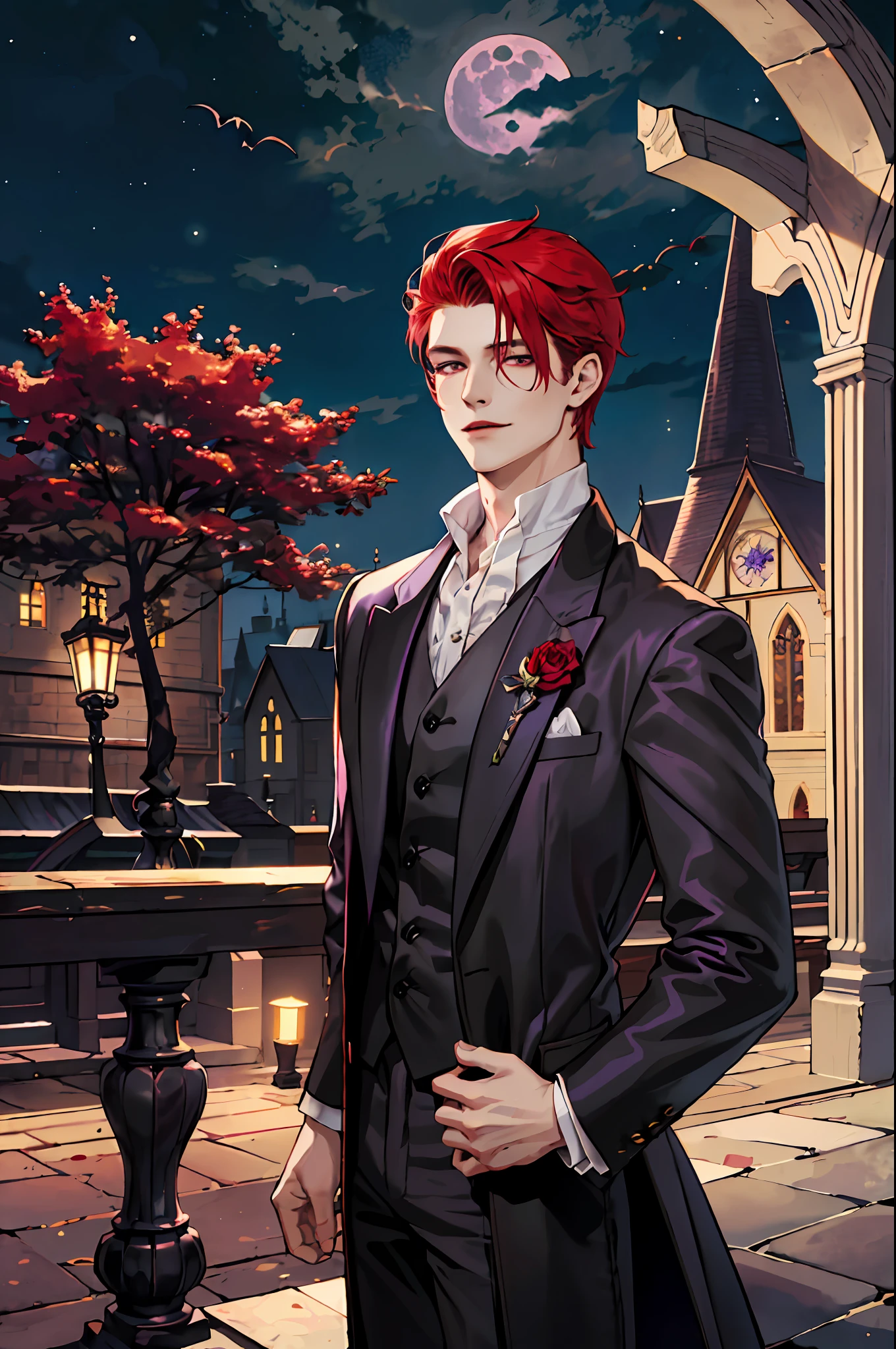 This is what a real Vampire looks like! Antique vampire clothes, elegant, gentlemanly. He is smiling friendly, his red hair is vivid, his red eyes shine against his perfect skin. In the background a purple church window, with moonlight reflecting behind. All this is in a beautiful and dark light, which makes it look amazing。 (High quality: 1.2, Church at night: 1.5, Antique Vampire Clothing: 1.4) (((At night))) (Provocative light, mysterious darkness) (((Violet Moon))) Defined Face) Perfect Hands)