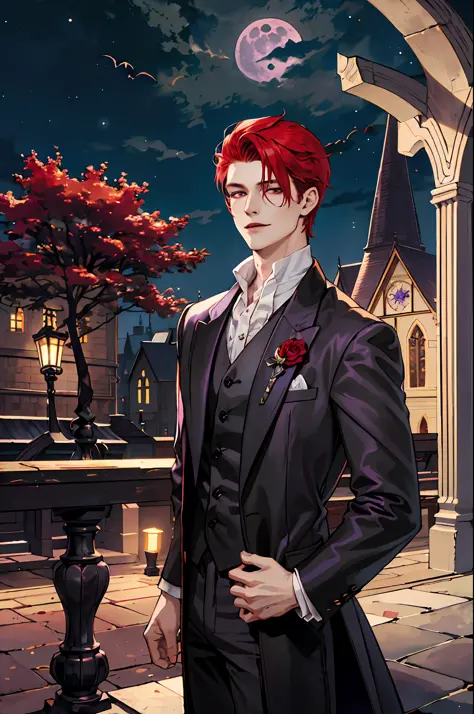 this is what a real vampire looks like! antique vampire clothes, elegant, gentlemanly. he is smiling friendly, his red hair is v...