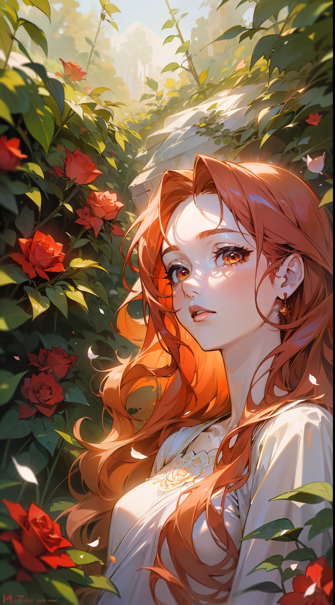 (masterpiece: 1.2, realistic: 1.37, ultra high resolution), female model, fair skin, long red wavy hair, golden eyes, white dress, in a sunlit garden, with rose petals everywhere, high contrast, dynamic, soft focus.