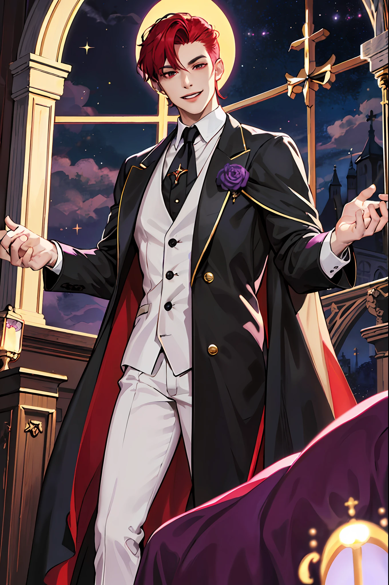 This is what a real Vampire looks like! Antique vampire clothes, elegant, gentlemanly. He is smiling friendly, his red hair is vivid, his red eyes shine against his perfect skin. In the background a purple church window, with moonlight reflecting behind. All this is in a beautiful and dark light, which makes it look amazing。 (High quality: 1.2, Church at night: 1.5, Antique Vampire Clothing: 1.4) (((At night))) (Provocative light, mysterious darkness) (((Violet Moon))) Defined Face) Perfect Hands)