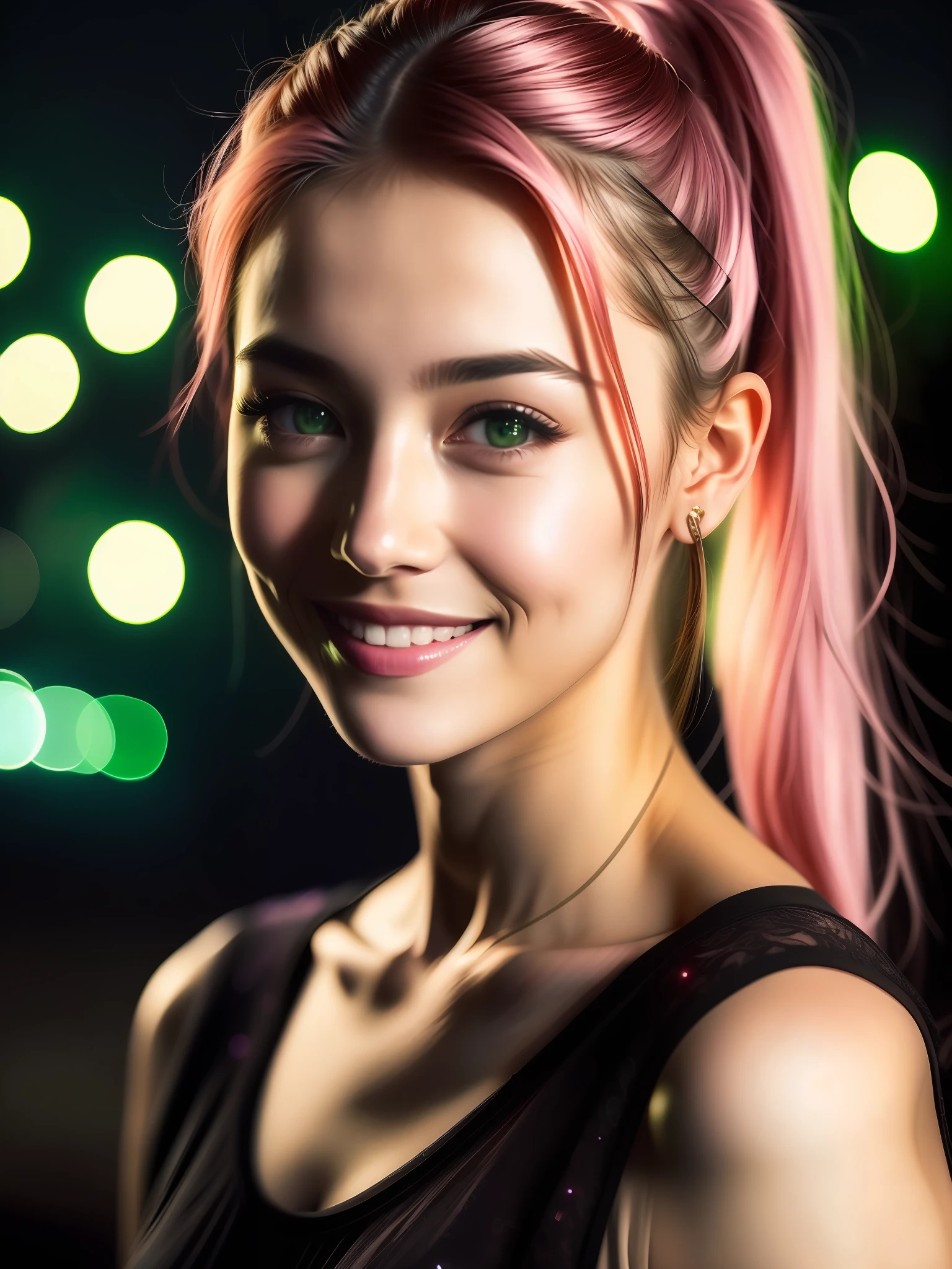 夜景, 一个非常漂亮的女孩的特写照片, 摆姿势, 看着相机微笑, 粉色马尾辫, (绿眼睛: 0.8), 英俊的年轻面孔, 18号, 柔和体积光, (背光: 1.3), (電影: 1.3), 复杂的细节, (艺术站: 1.2)