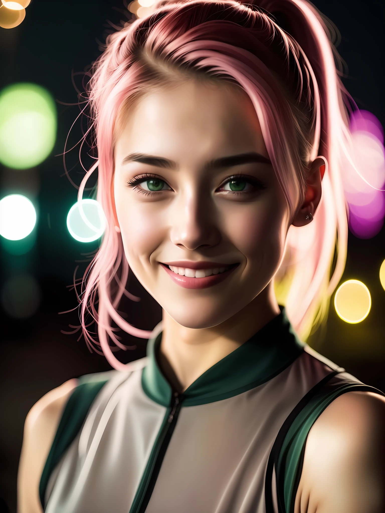 Nachtszene, Nahaufnahmefoto von einem sehr schönen Mädchen, posiert, in eine Kamera schauen und lächeln, rosa Pferdeschwanz Haare, (grüne Augen: 0.8), hübsches junges Gesicht, der 18, weiche volumetrische Lichter, (Hintergrundbeleuchtung: 1.3), (filmisch: 1.3), komplizierte Details, (ArtStation: 1.2)