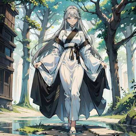 ((masterpiece)),(((best quality)))),woman, beautiful, silver-haired, long-haired, sacred, mysterious, walking on water, in the f...