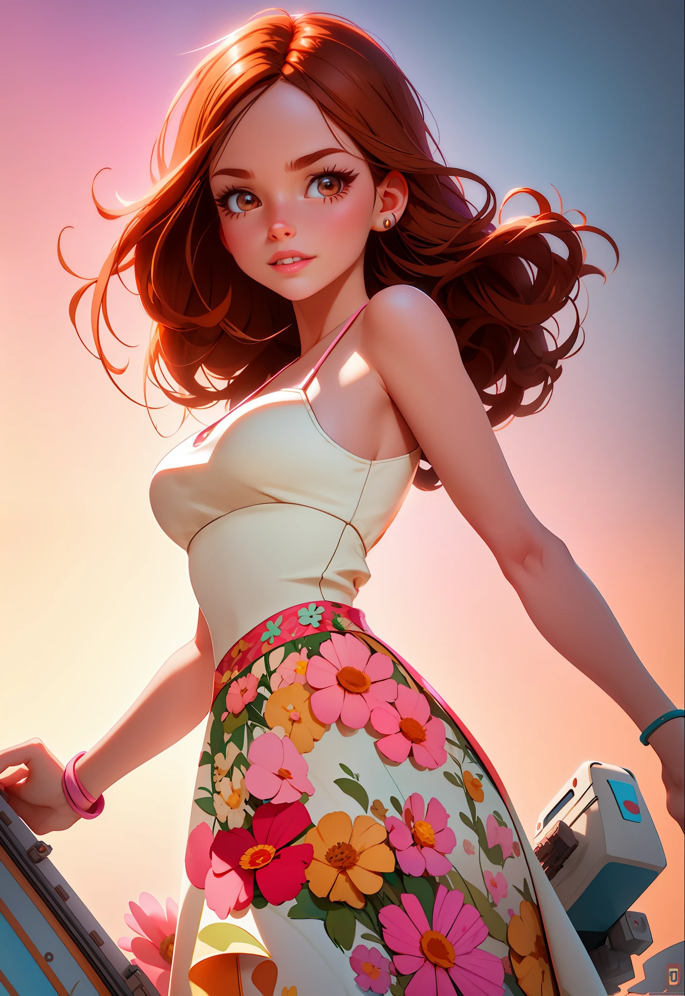 a pixar woman, Olhos cativantes, cabelo castanho claro, vestido floral com alça espaguete, boca cheia rosa, melhor qualidade, njj5, (melhor qualidade:1.1), (obra de arte:1.4), (Absurdo:1), ultra detalhado, Arte oficial, obra de arte, (melhor qualidade:1.3), Reflexões, papel de parede extremamente detalhado da unidade CG 8k, fundo detalhado